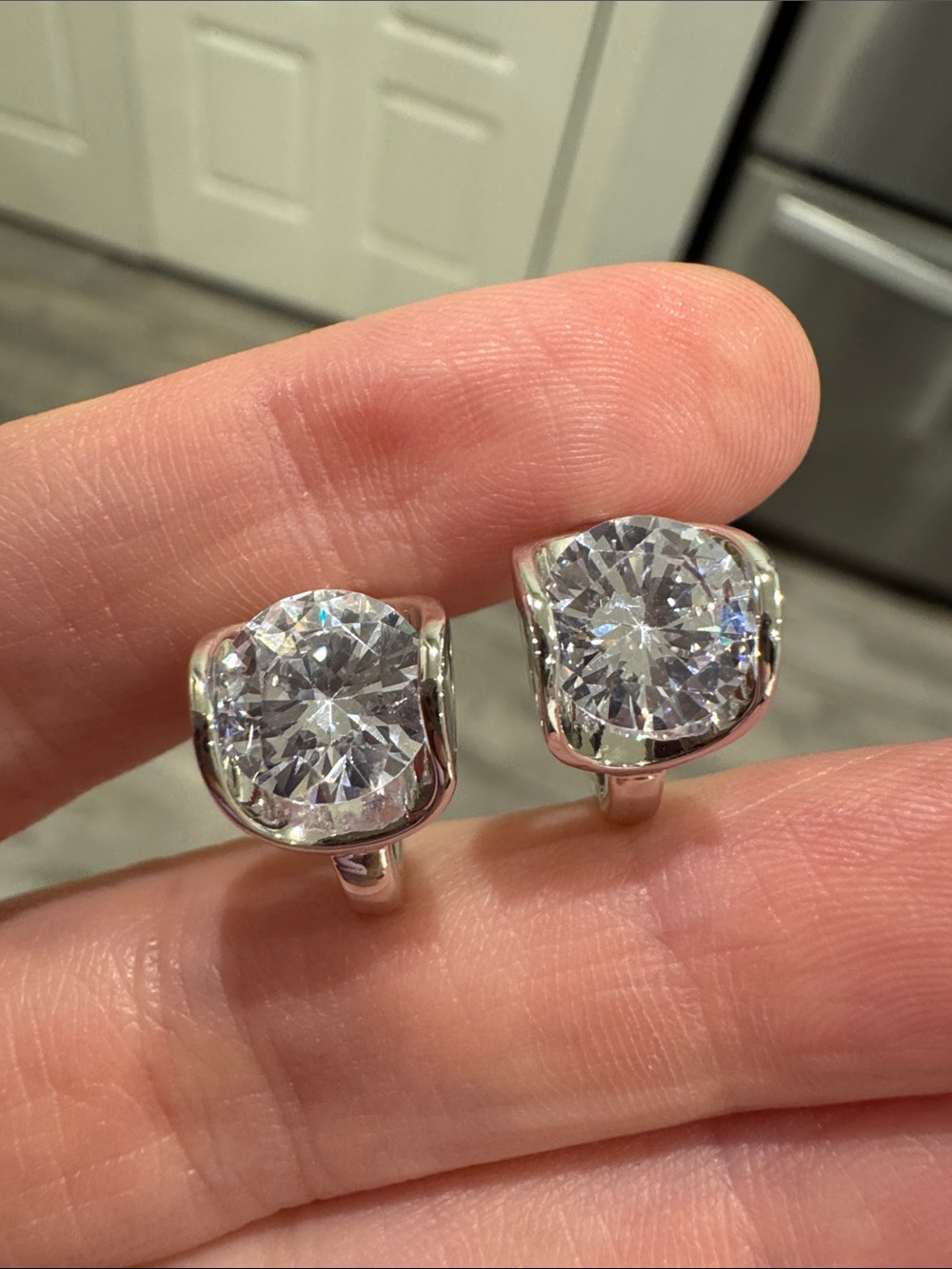 Sparkling Round CZ Solitaire Huggie Hoop Earrings Silver Tone